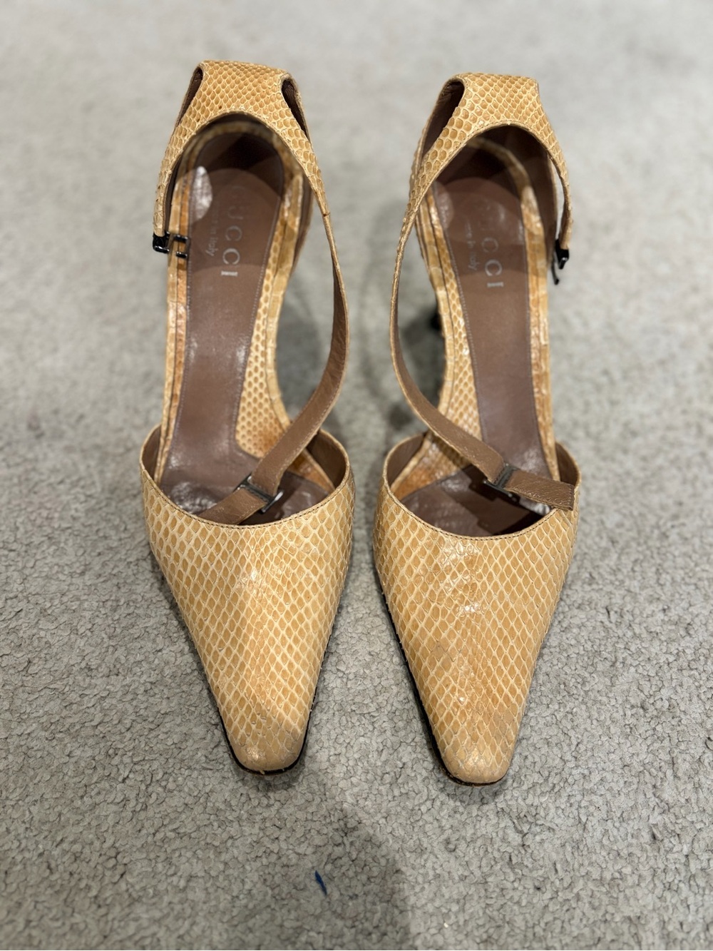 Gucci Snakeskin D’Orsay Pumps, Light Yellow/Beige 7.5 Pointed-Toe Ankle Strap
